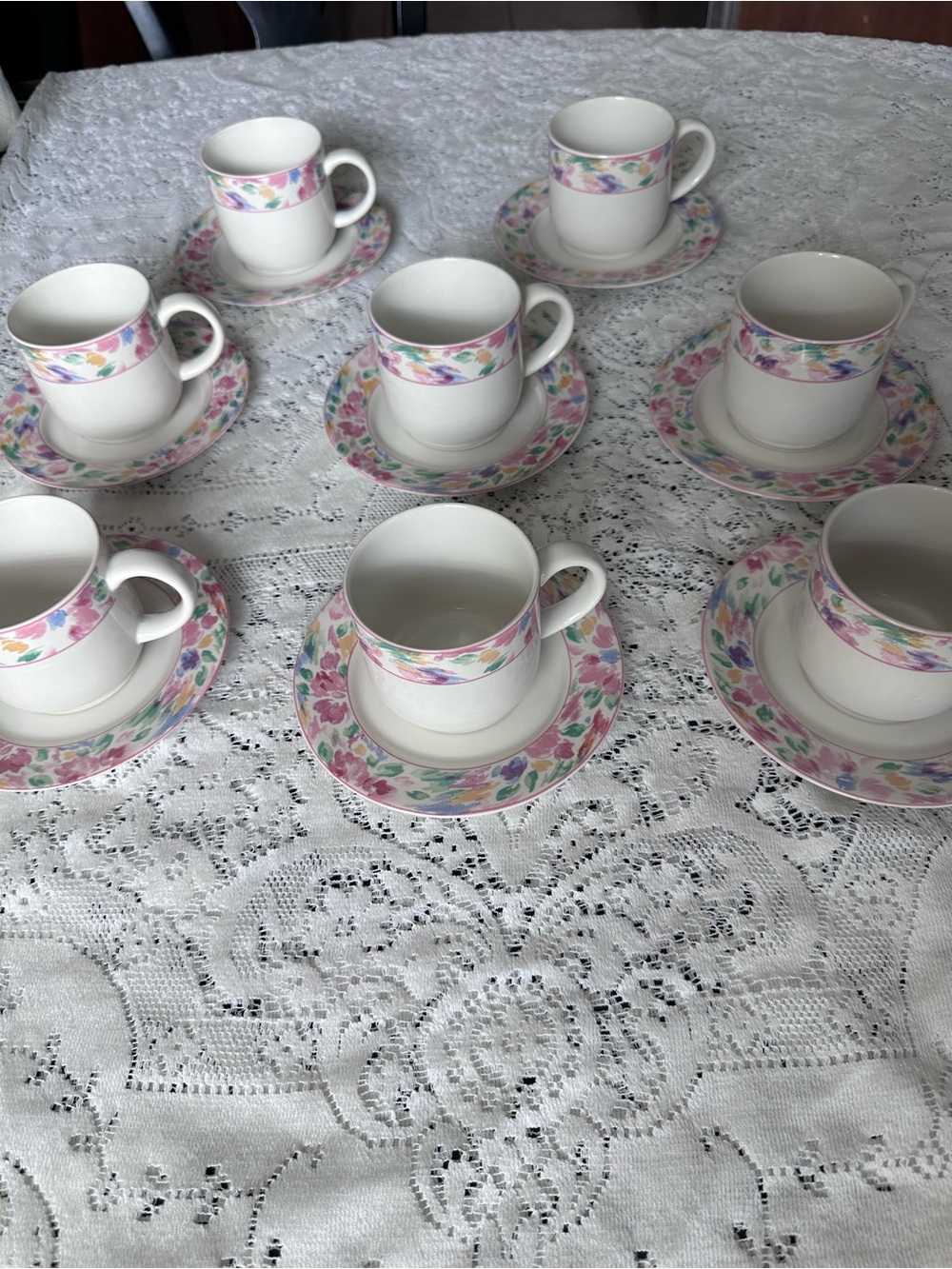 Vitromaster Bali Teacups Saucers Set 8 Vintage 1990 Floral Pastel Stoneware
